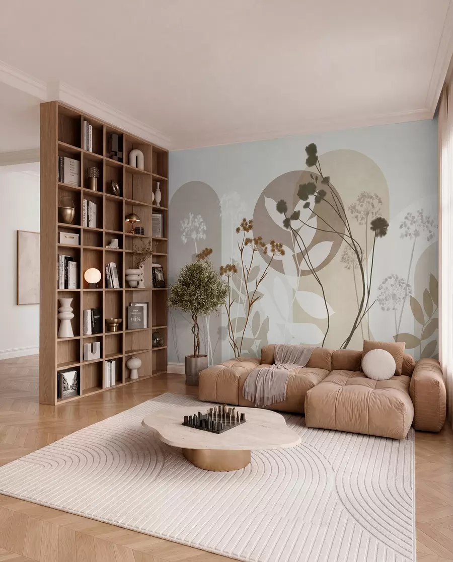 Wall Mural Photo Wallpaper Botanical and minimalist composition of dried flowers and leaves with abstract geometry w09906