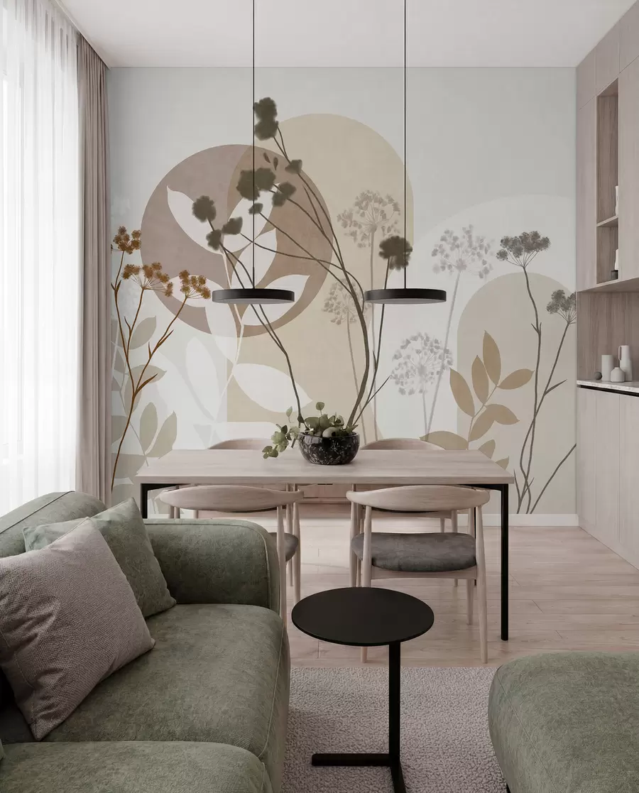 Wall Mural Photo Wallpaper Botanical and minimalist composition of dried flowers and leaves with abstract geometry w09906