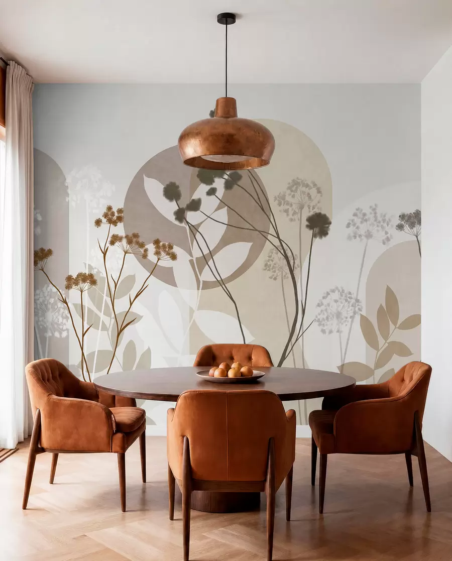 Wall Mural Photo Wallpaper Botanical and minimalist composition of dried flowers and leaves with abstract geometry w09906
