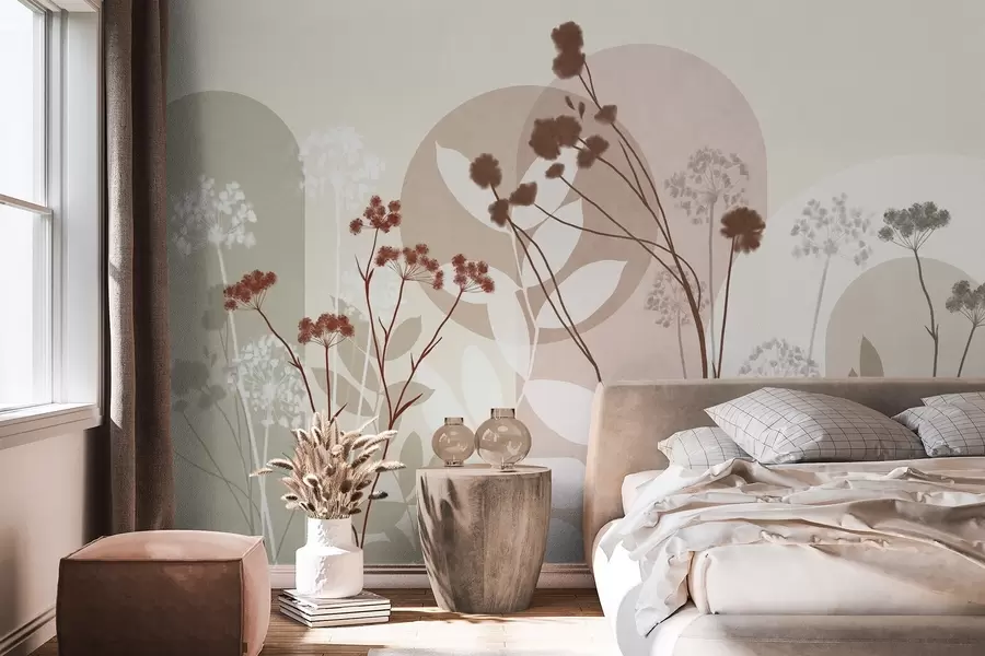 wall murals Botanical and minimalist composition of dried flowers and leaves with abstract geometry w09906v1