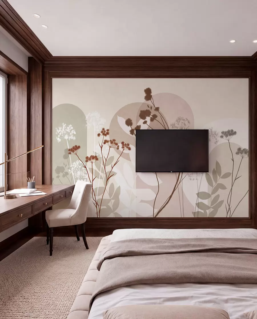 wall murals Botanical and minimalist composition of dried flowers and leaves with abstract geometry w09906v1