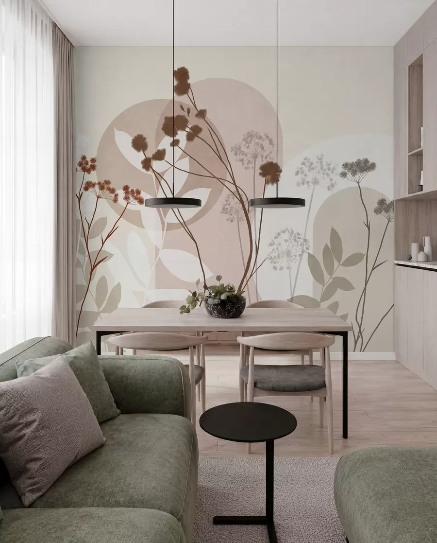 Wall Mural Photo Wallpaper Botanical and minimalist composition of dried flowers and leaves with abstract geometry w09906v1