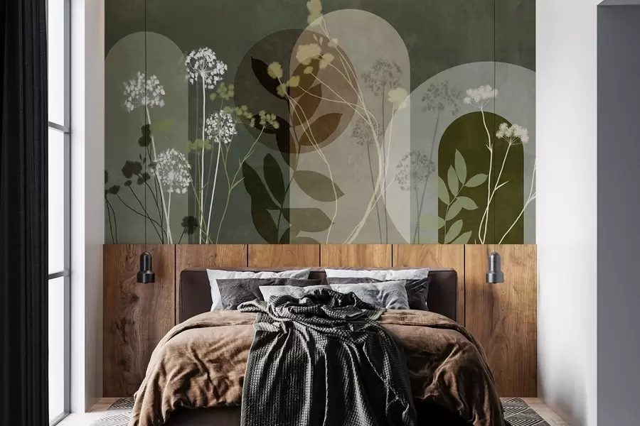 murales Composición botánica y minimalista de flores y hojas secas con motivos geométricos abstractos w09906v2