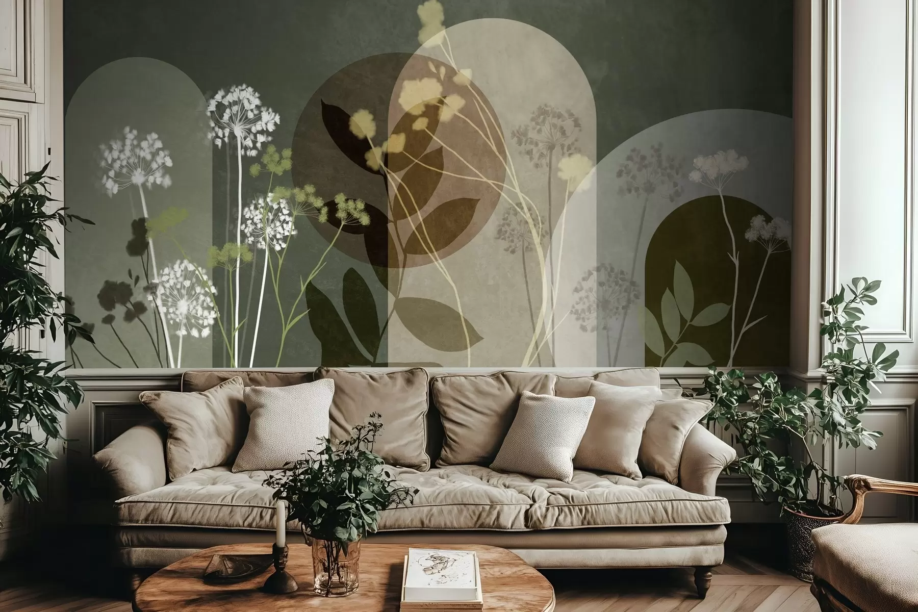 wall murals Botanical and minimalist composition of dried flowers and leaves with abstract geometry w09906v2