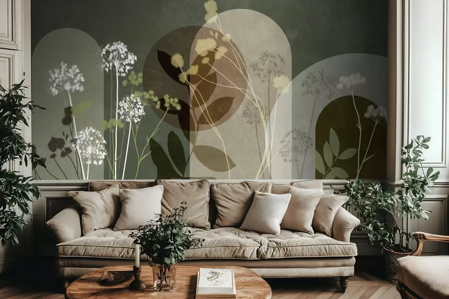 Wall Mural Photo Wallpaper Botanical and minimalist composition of dried flowers and leaves with abstract geometry w09906v2
