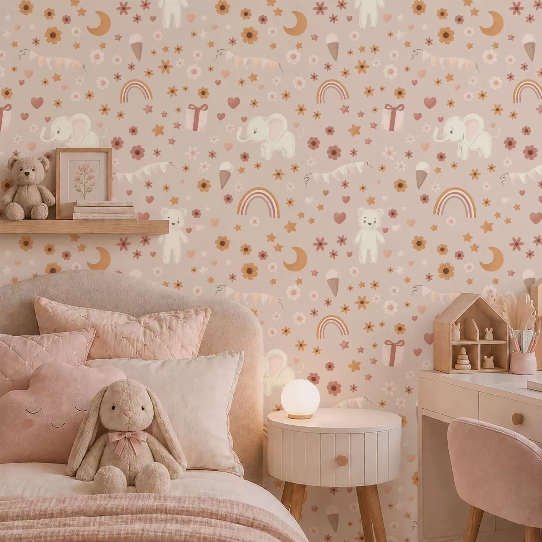 wall murals Kids pattern with elephant, rainbow and flowers a00433