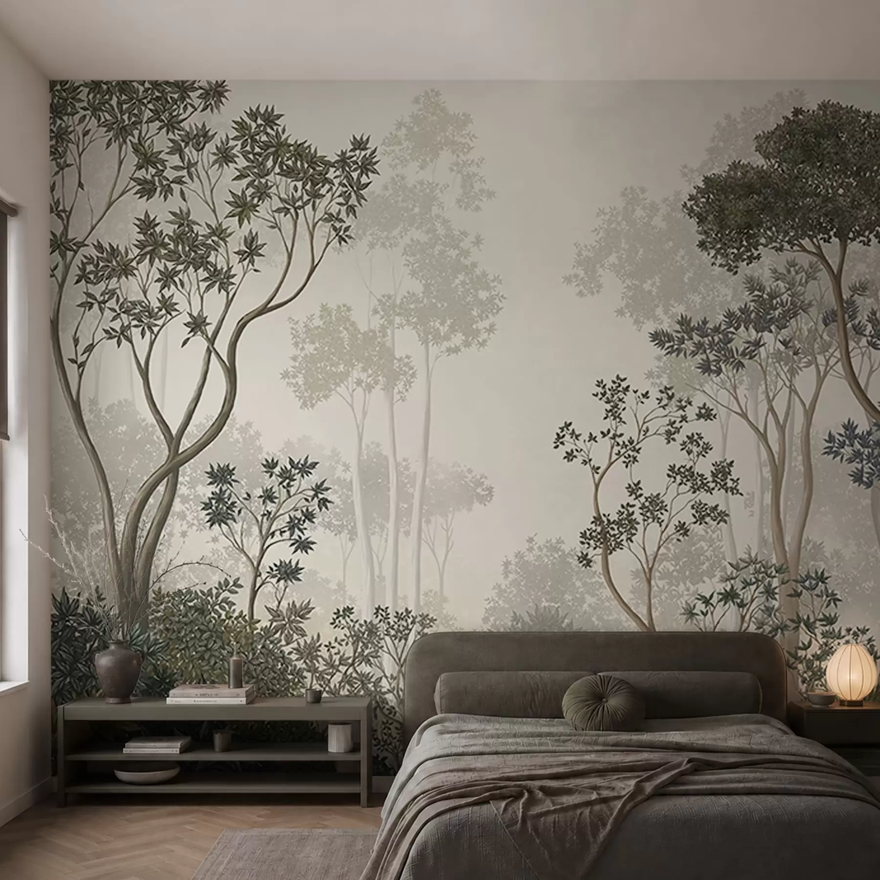 peintures murales Une forêt brumeuse avec des arbres et un cours d'eau paisible w05700