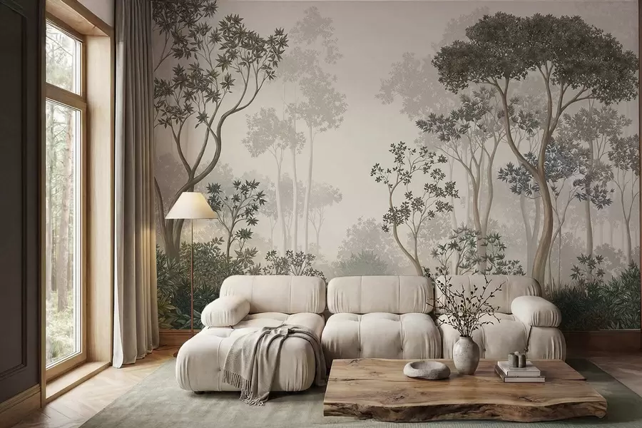 peintures murales Une forêt brumeuse avec des arbres et un cours d'eau paisible w05700