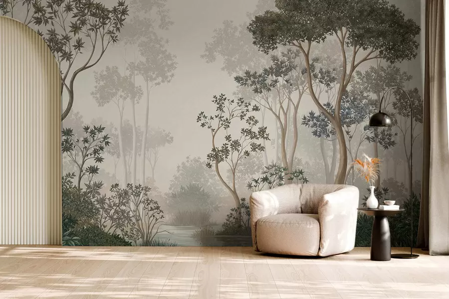 Wall Mural Photo Wallpaper Misty forest with trees and a calm waterway w05700