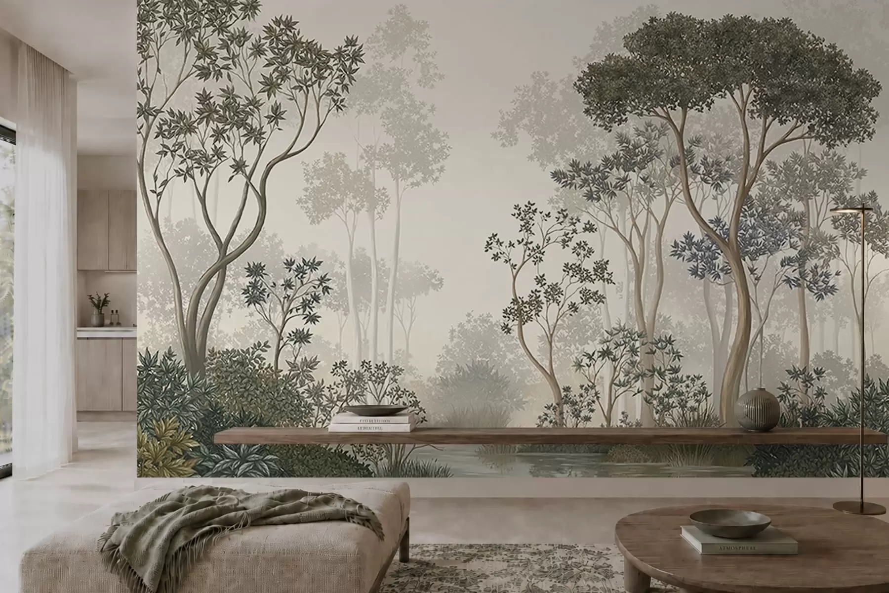 peintures murales Une forêt brumeuse avec des arbres et un cours d'eau paisible w05700