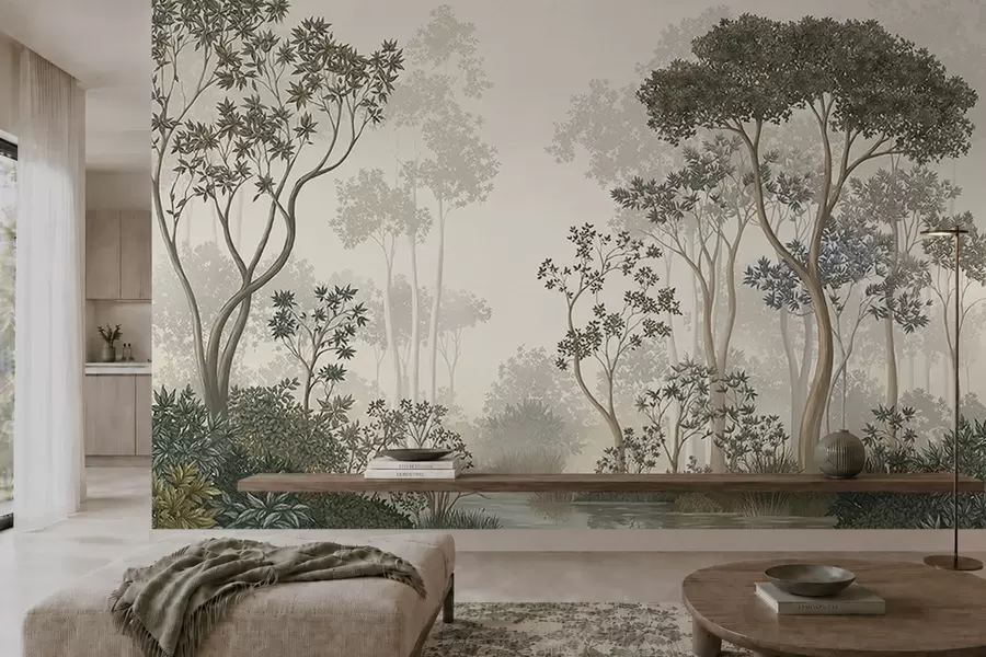 peintures murales Une forêt brumeuse avec des arbres et un cours d'eau paisible w05700