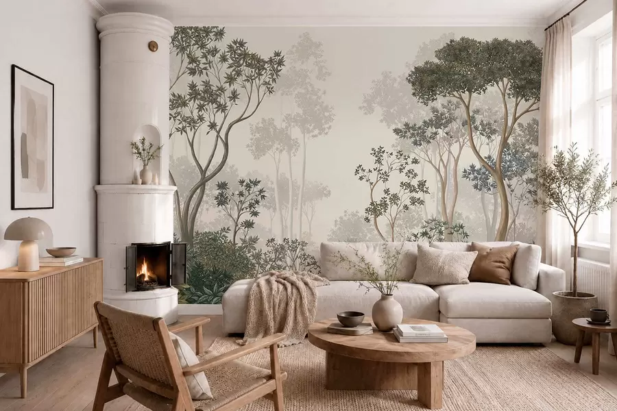 peintures murales Une forêt brumeuse avec des arbres et un cours d'eau paisible w05700