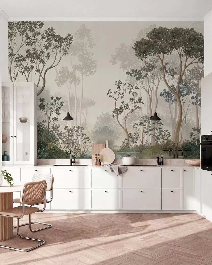 peintures murales Une forêt brumeuse avec des arbres et un cours d'eau paisible w05700