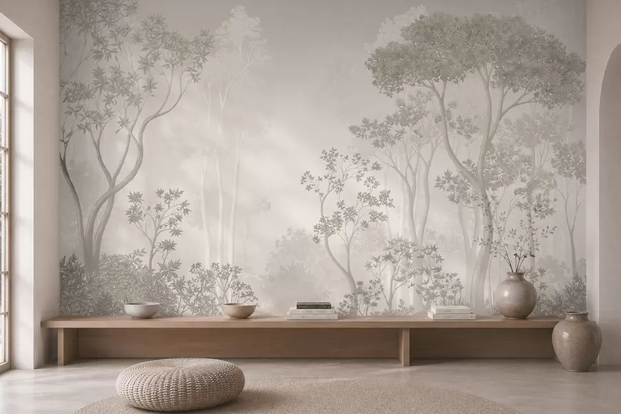 murales Un bosque envuelto en una ligera bruma, en suaves tonos neutros w05700v1
