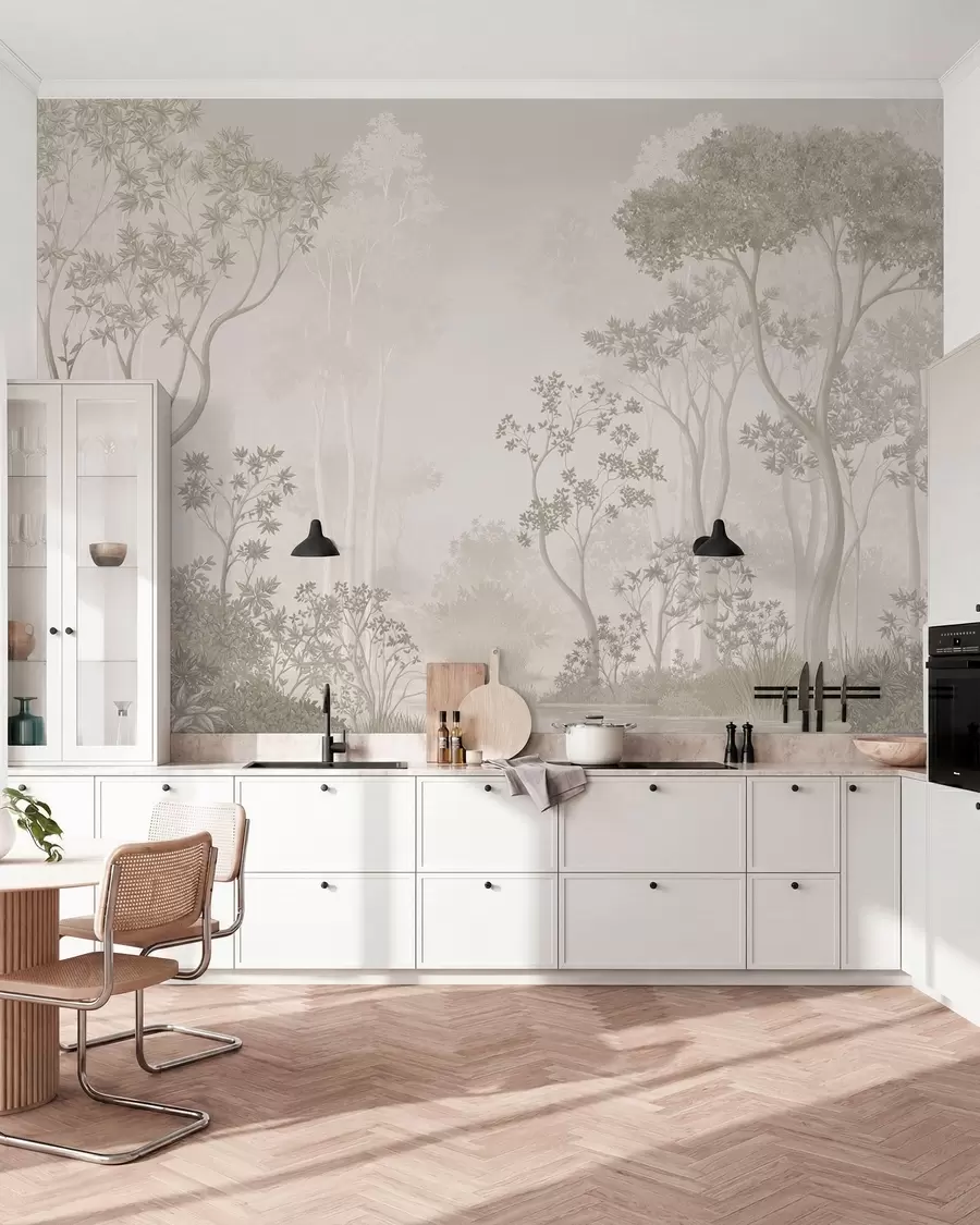 wall murals Light misty forest in soft neutral tones w05700v1