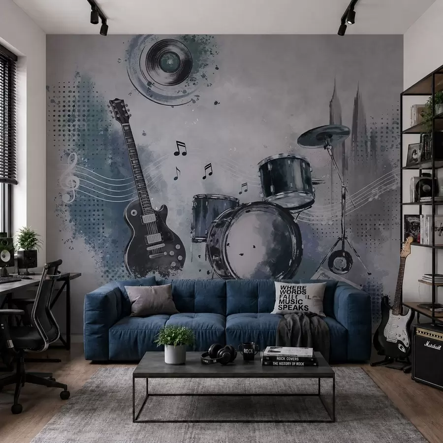 Wall Mural Photo Wallpaper Guitar and drum set with musical notes w05546