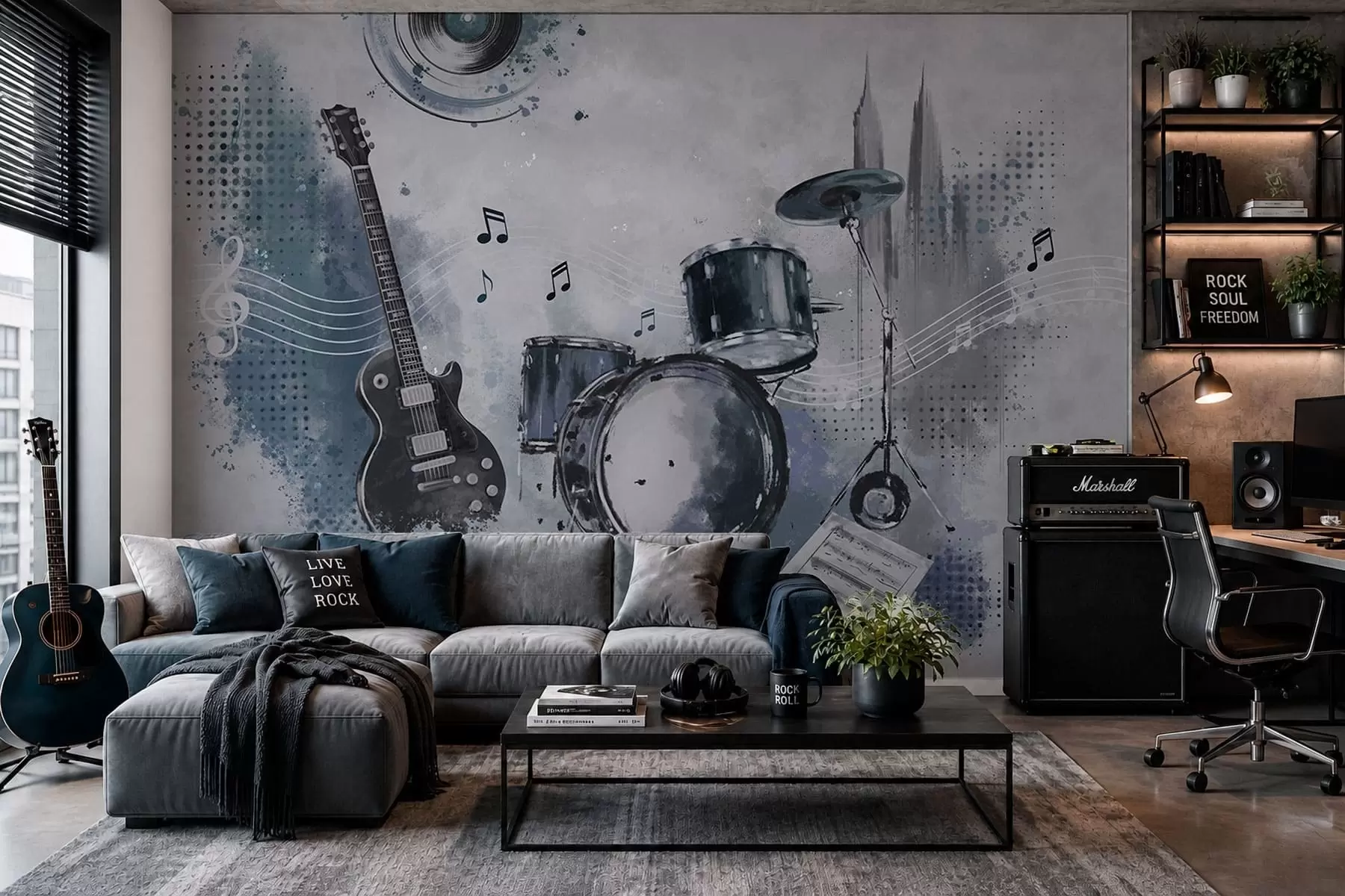 peintures murales Guitare et batterie avec des notes de musique w05546