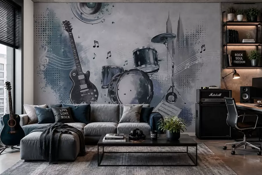 Wall Mural Photo Wallpaper Guitar and drum set with musical notes w05546
