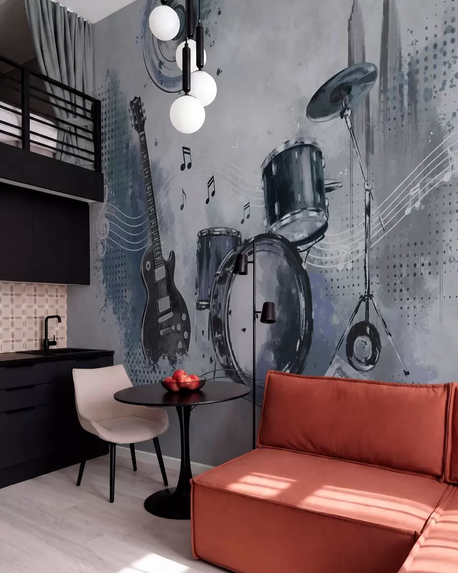 Wall Mural Photo Wallpaper Guitar and drum set with musical notes w05546