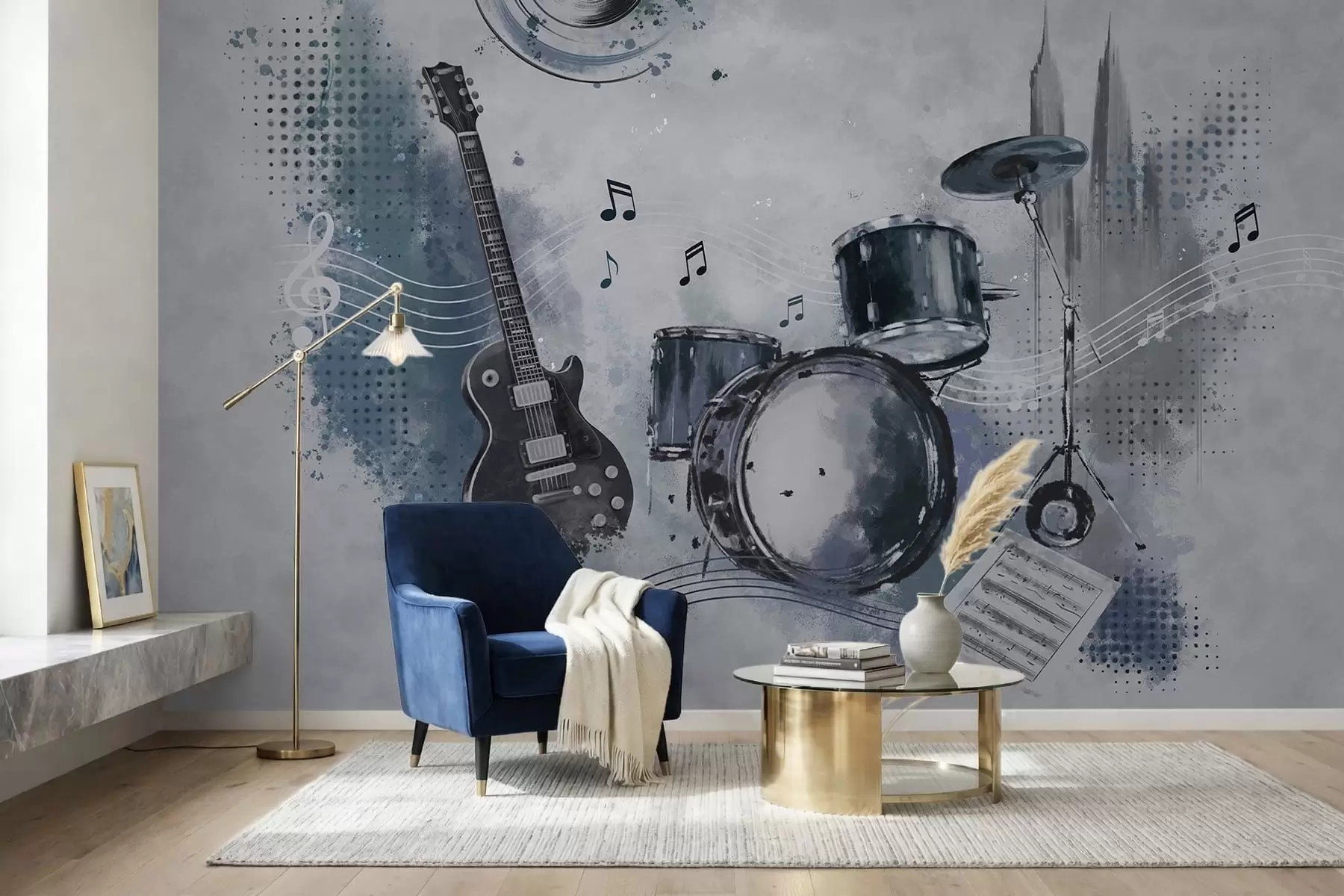peintures murales Guitare et batterie avec des notes de musique w05546