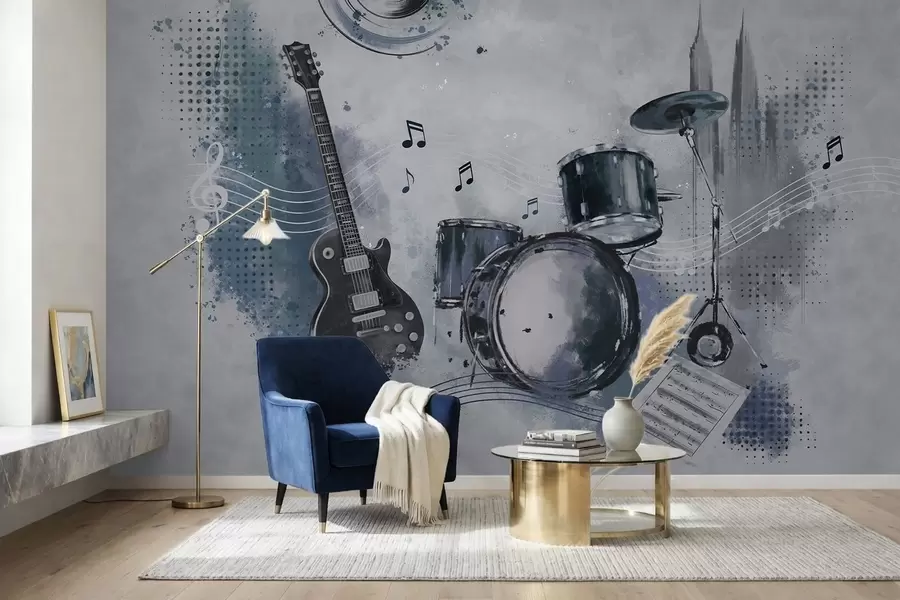 peintures murales Guitare et batterie avec des notes de musique w05546