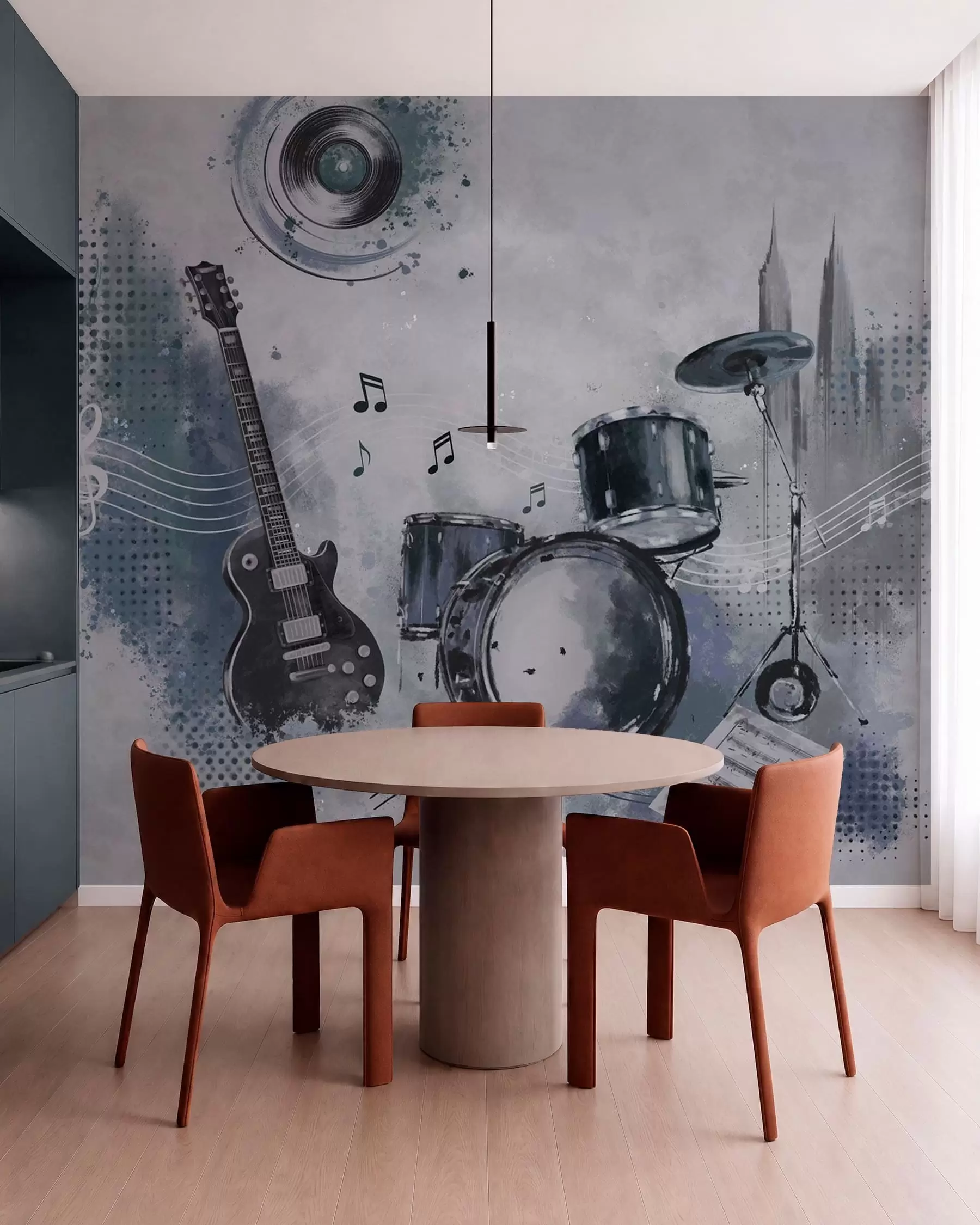wall murals Guitar and drum set with musical notes w05546