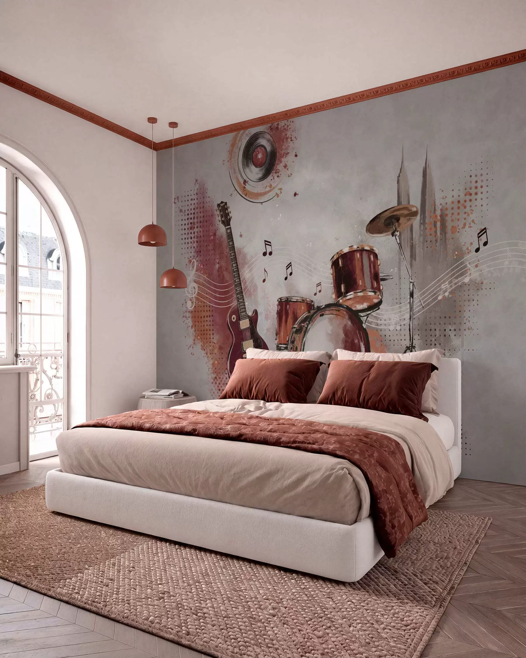 wall murals Musical instruments in warm burgundy tones w05546v1