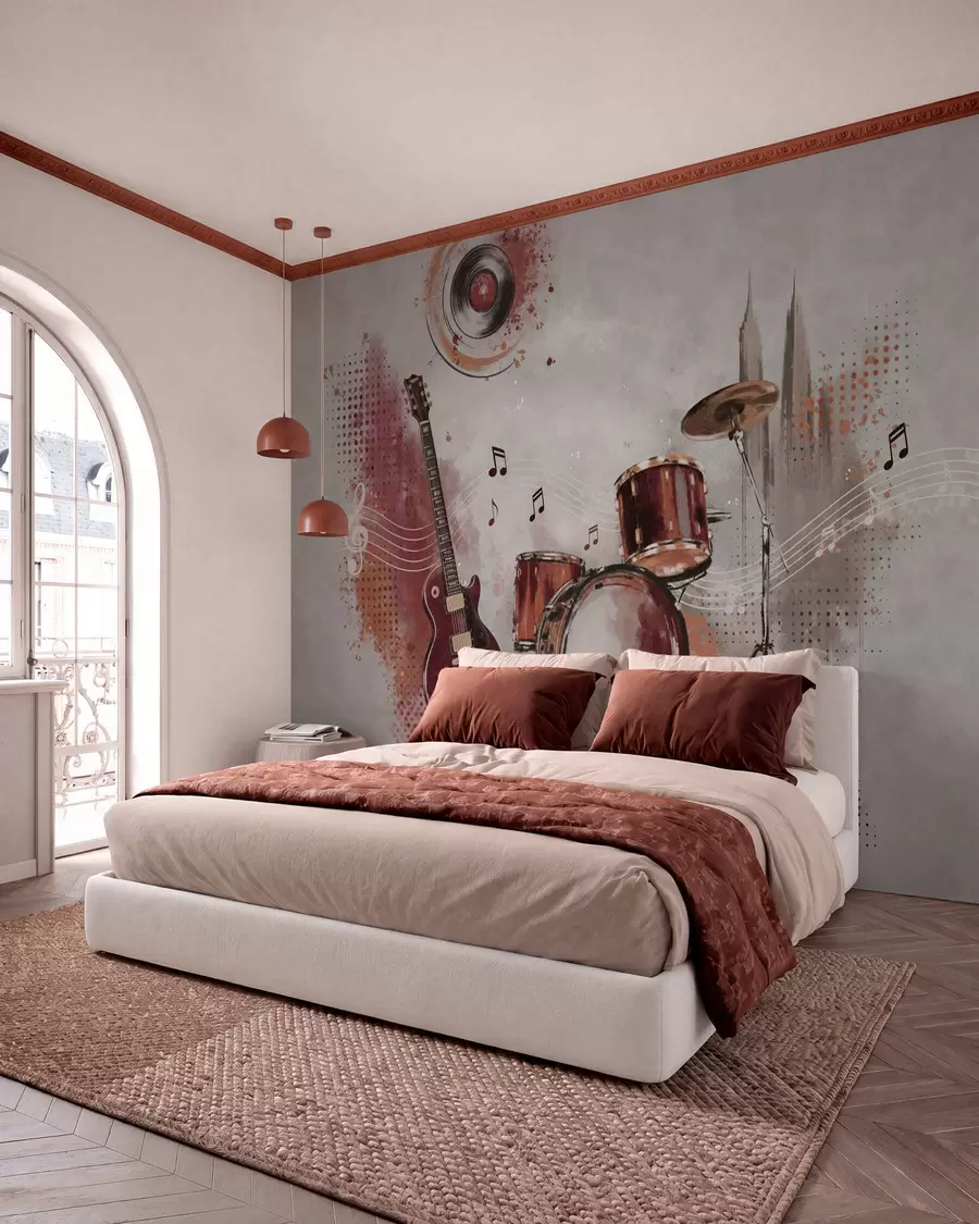 wall murals Musical instruments in warm burgundy tones w05546v1