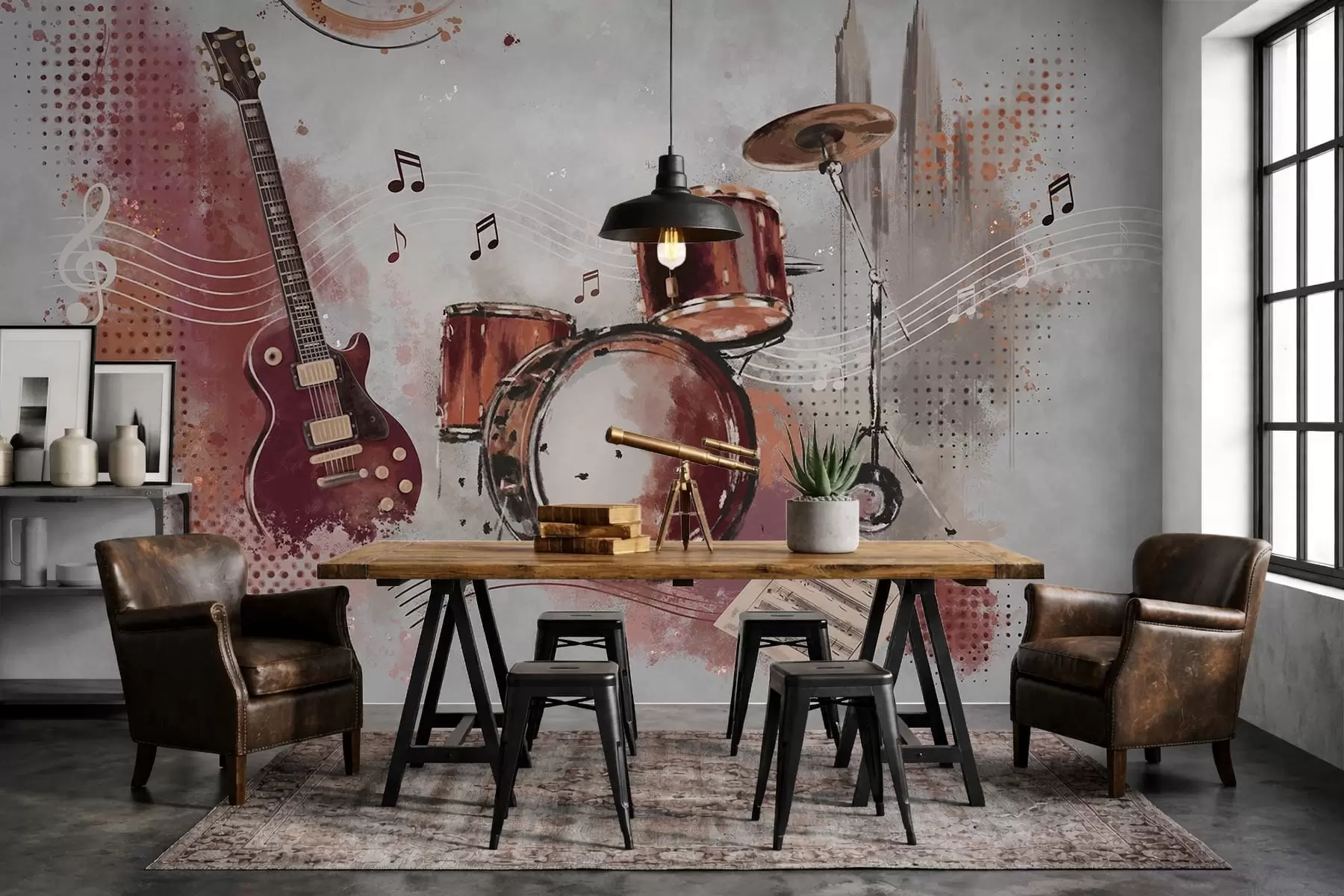 peintures murales Instruments de musique aux teintes chaudes de bordeaux w05546v1
