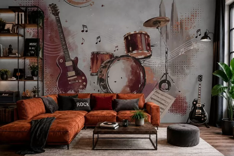 peintures murales Instruments de musique aux teintes chaudes de bordeaux w05546v1