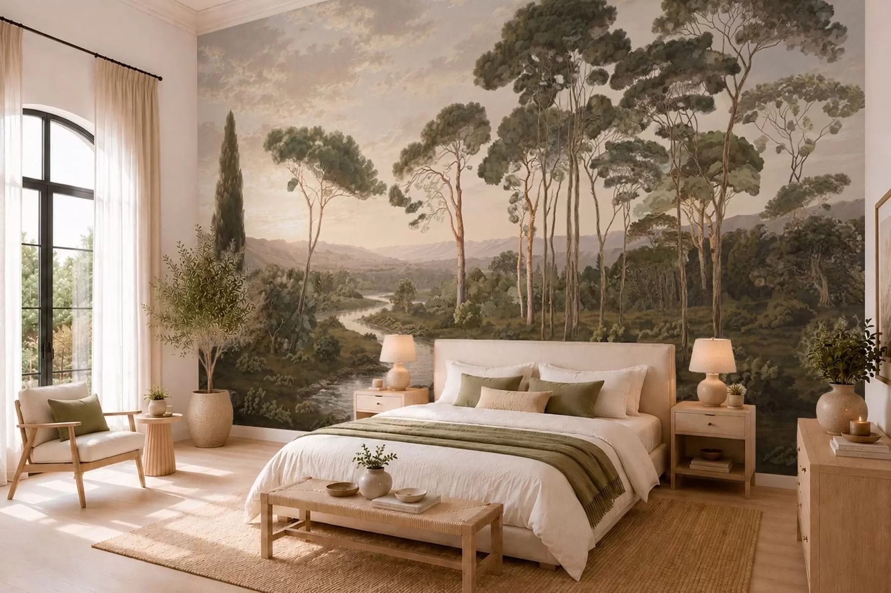 wall murals Landscape with river, trees and distant hills w05696