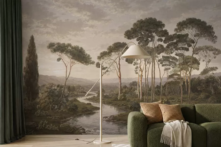 peintures murales Paysage avec une rivière, des arbres et des collines au loin w05696