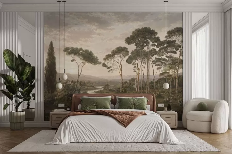 Wall Mural Photo Wallpaper Landscape with river, trees and distant hills w05696