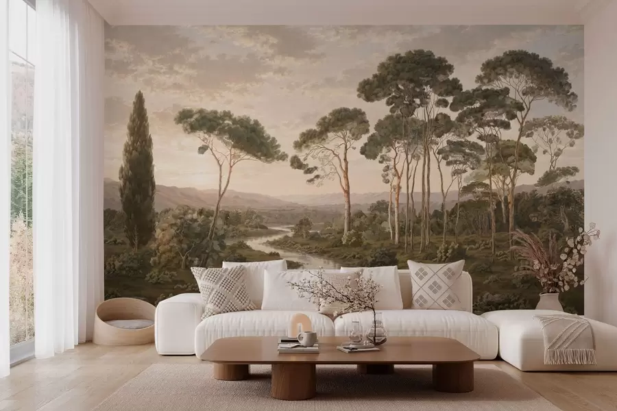 peintures murales Paysage avec une rivière, des arbres et des collines au loin w05696