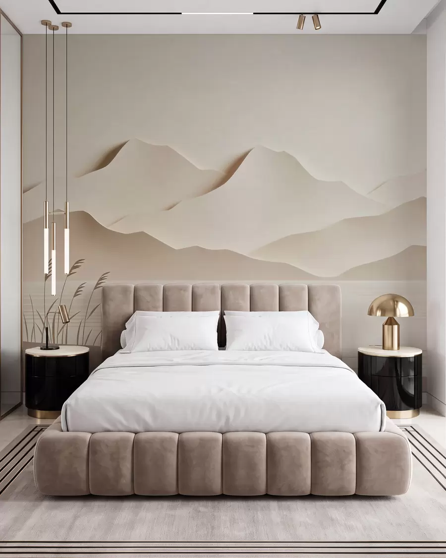 wall murals Layered mountain landscape over a tranquil lake in a warm beige palette w09876