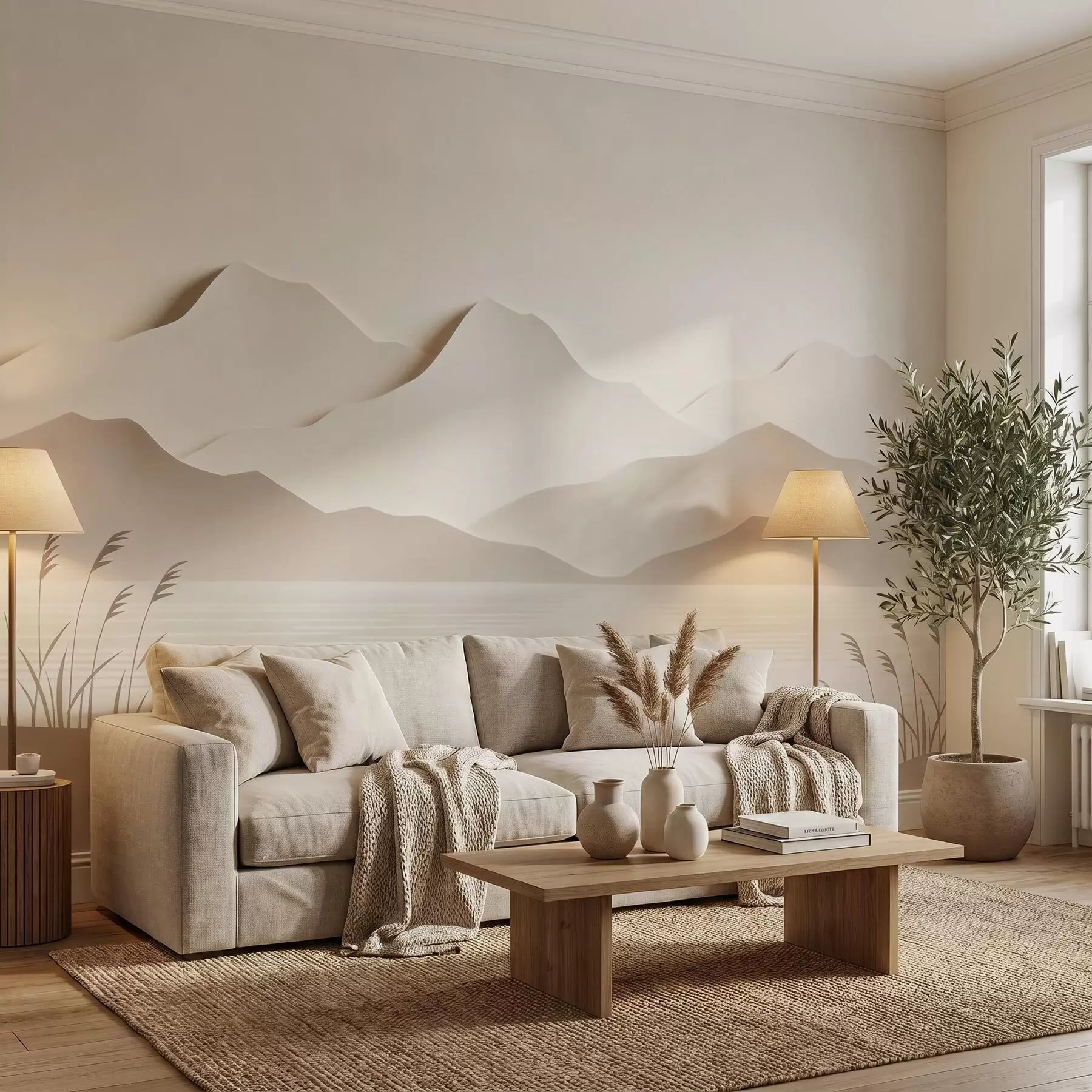 Wall Mural Photo Wallpaper Layered mountain landscape over a tranquil lake in a warm beige palette w09876