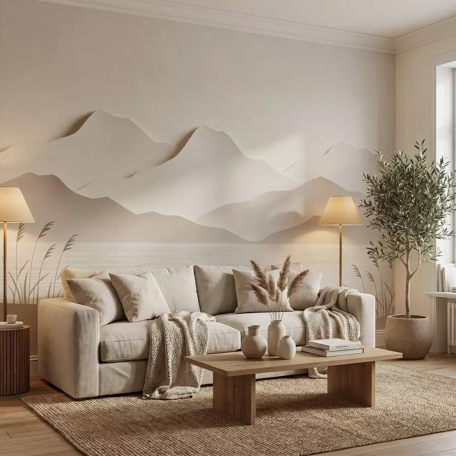 wall murals Layered mountain landscape over a tranquil lake in a warm beige palette w09876