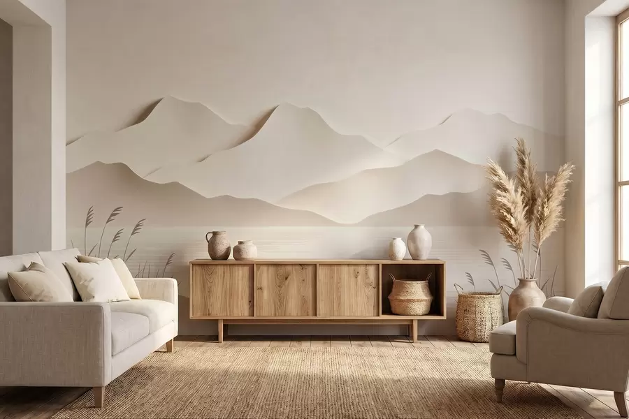 wall murals Layered mountain landscape over a tranquil lake in a warm beige palette w09876
