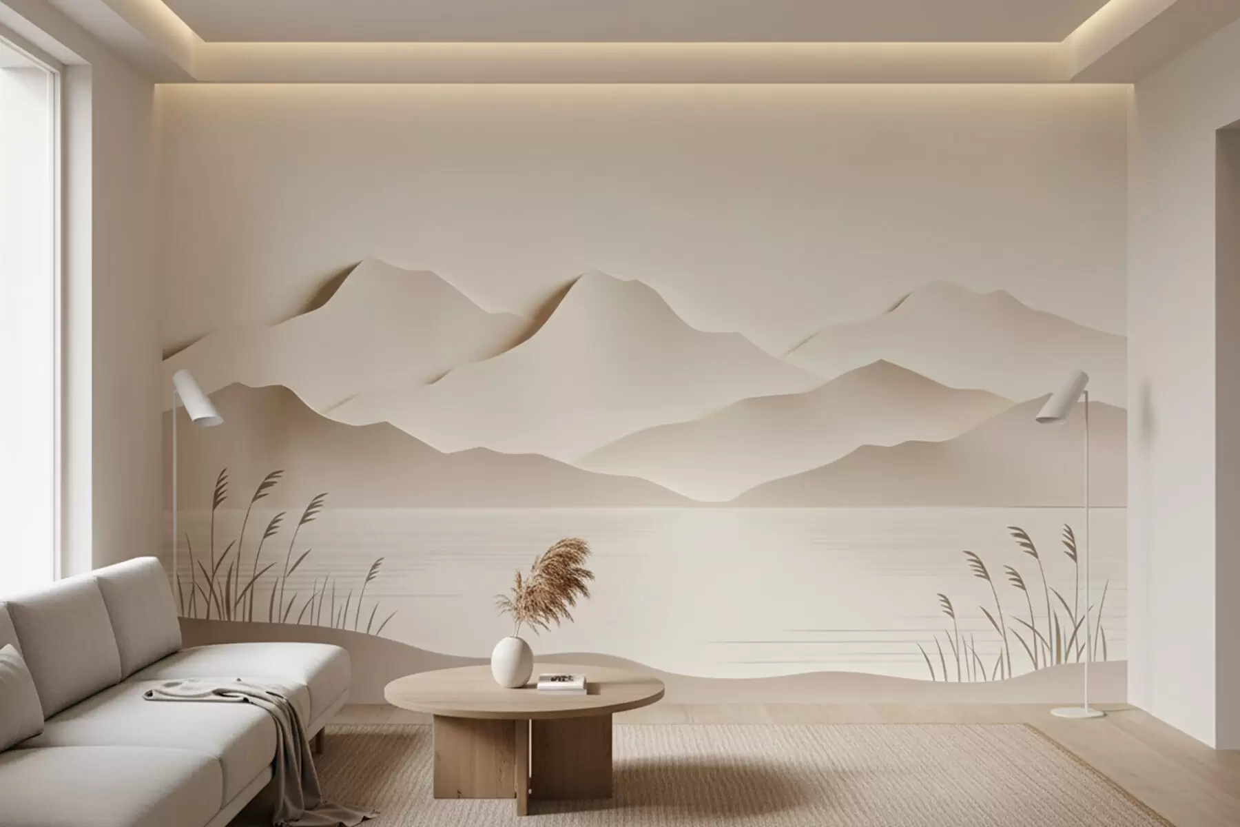peintures murales Paysage montagneux en relief surplombant un lac paisible, dans une palette de tons beiges chauds w09876