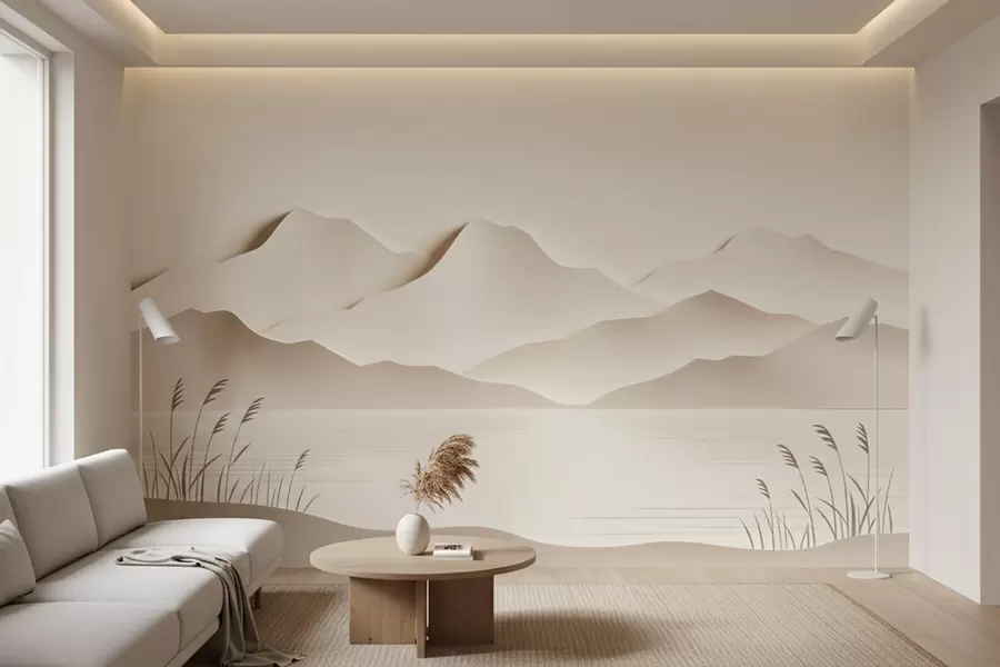 Wall Mural Photo Wallpaper Layered mountain landscape over a tranquil lake in a warm beige palette w09876