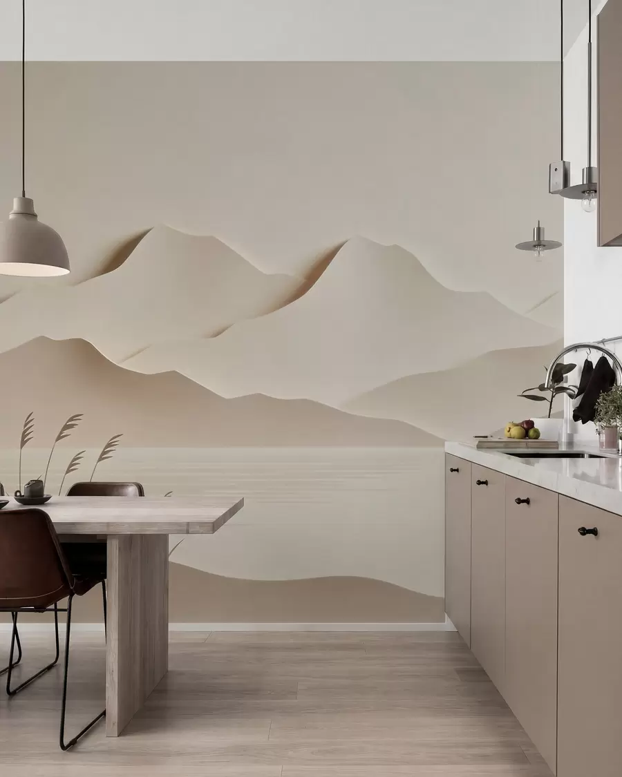 peintures murales Paysage montagneux en relief surplombant un lac paisible, dans une palette de tons beiges chauds w09876