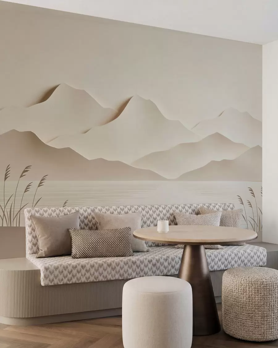 wall murals Layered mountain landscape over a tranquil lake in a warm beige palette w09876
