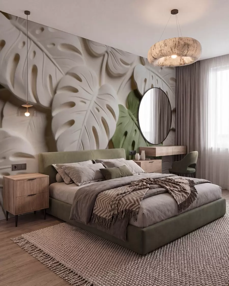 wall murals Embossed botanical monstera leaves in cream and green tones w09883