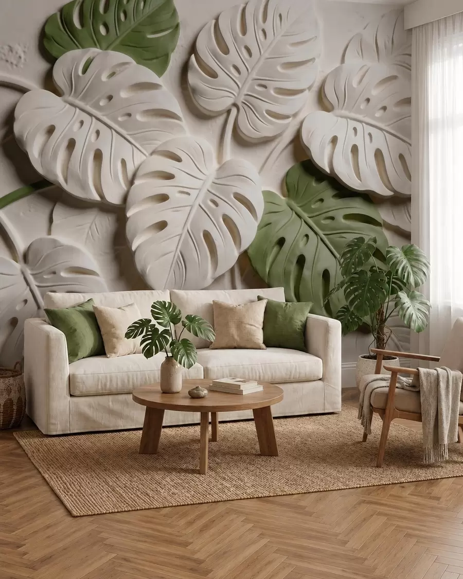 Wall Mural Photo Wallpaper Embossed botanical monstera leaves in cream and green tones w09883