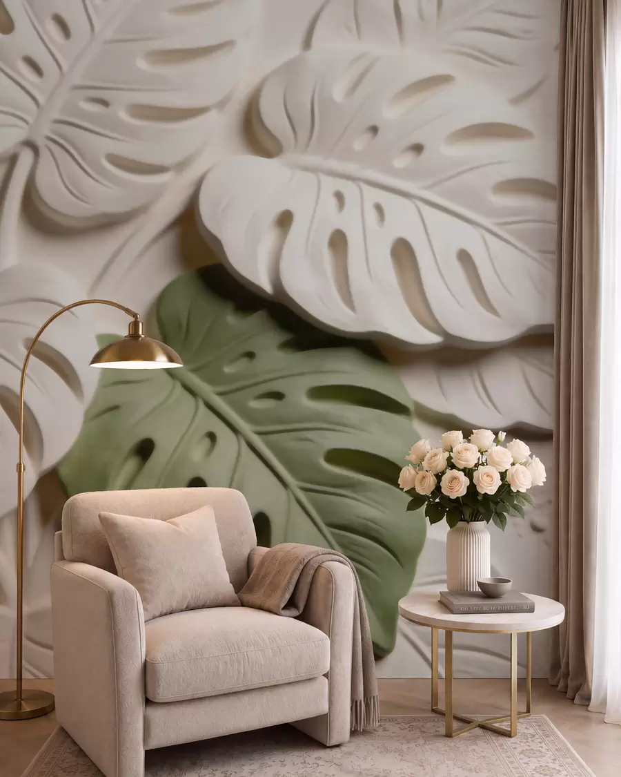 wall murals Embossed botanical monstera leaves in cream and green tones w09883