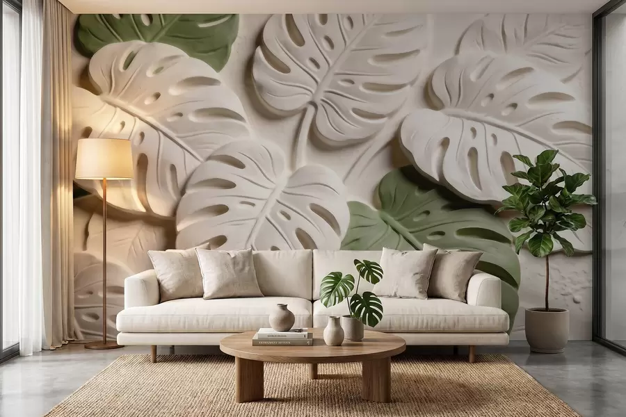 peintures murales Feuilles de monstera botaniques en relief, dans des tons crème et verts w09883