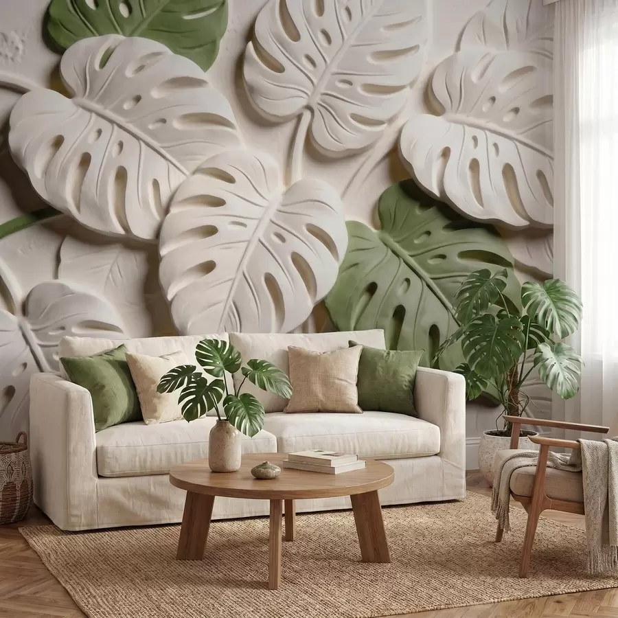 wall murals Embossed botanical monstera leaves in cream and green tones w09883
