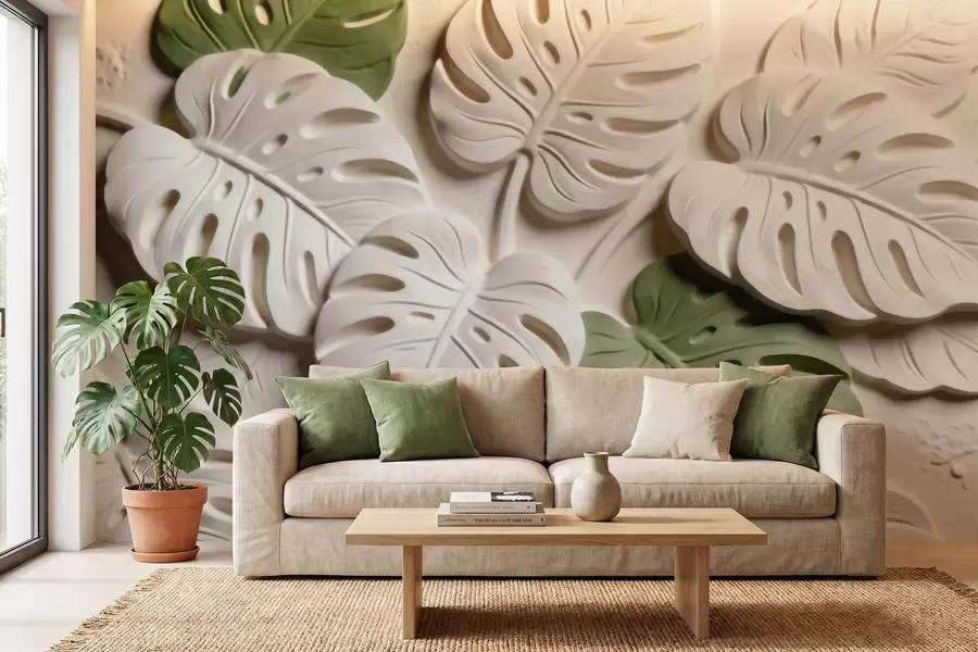 peintures murales Feuilles de monstera botaniques en relief, dans des tons crème et verts w09883