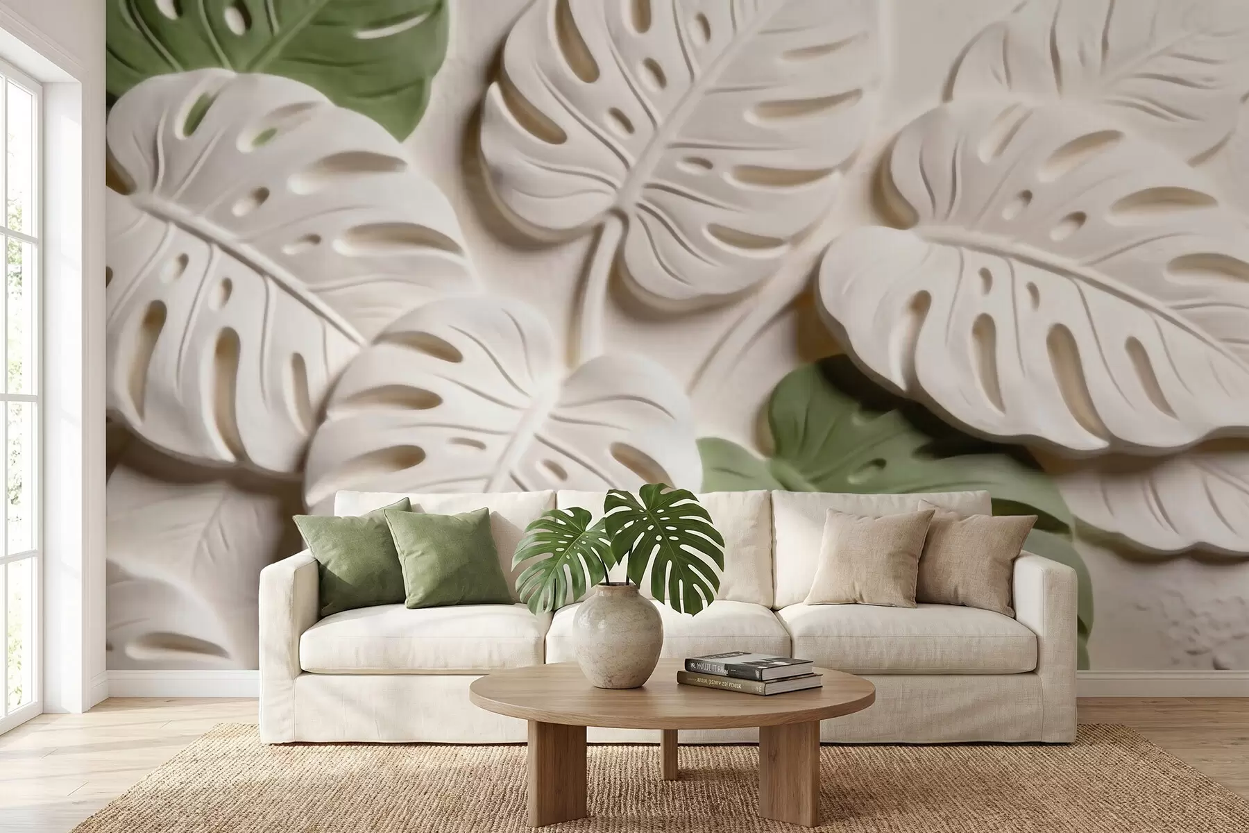 Wall Mural Photo Wallpaper Embossed botanical monstera leaves in cream and green tones w09883