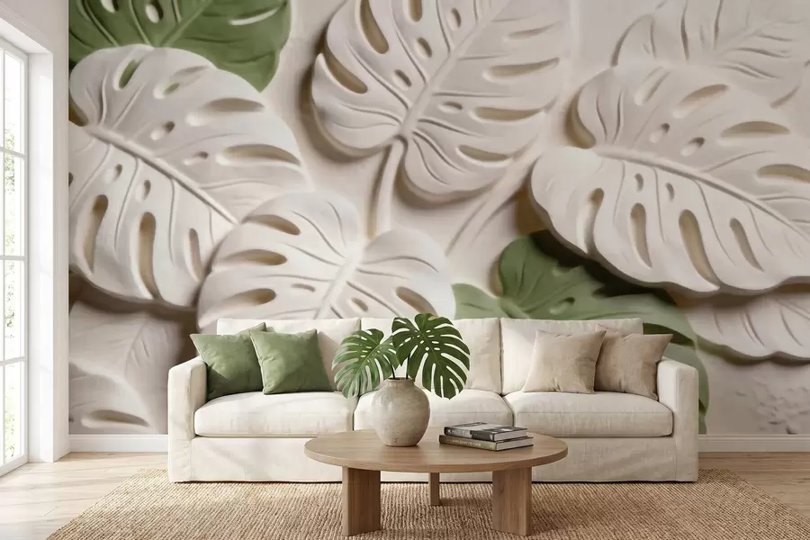 peintures murales Feuilles de monstera botaniques en relief, dans des tons crème et verts w09883